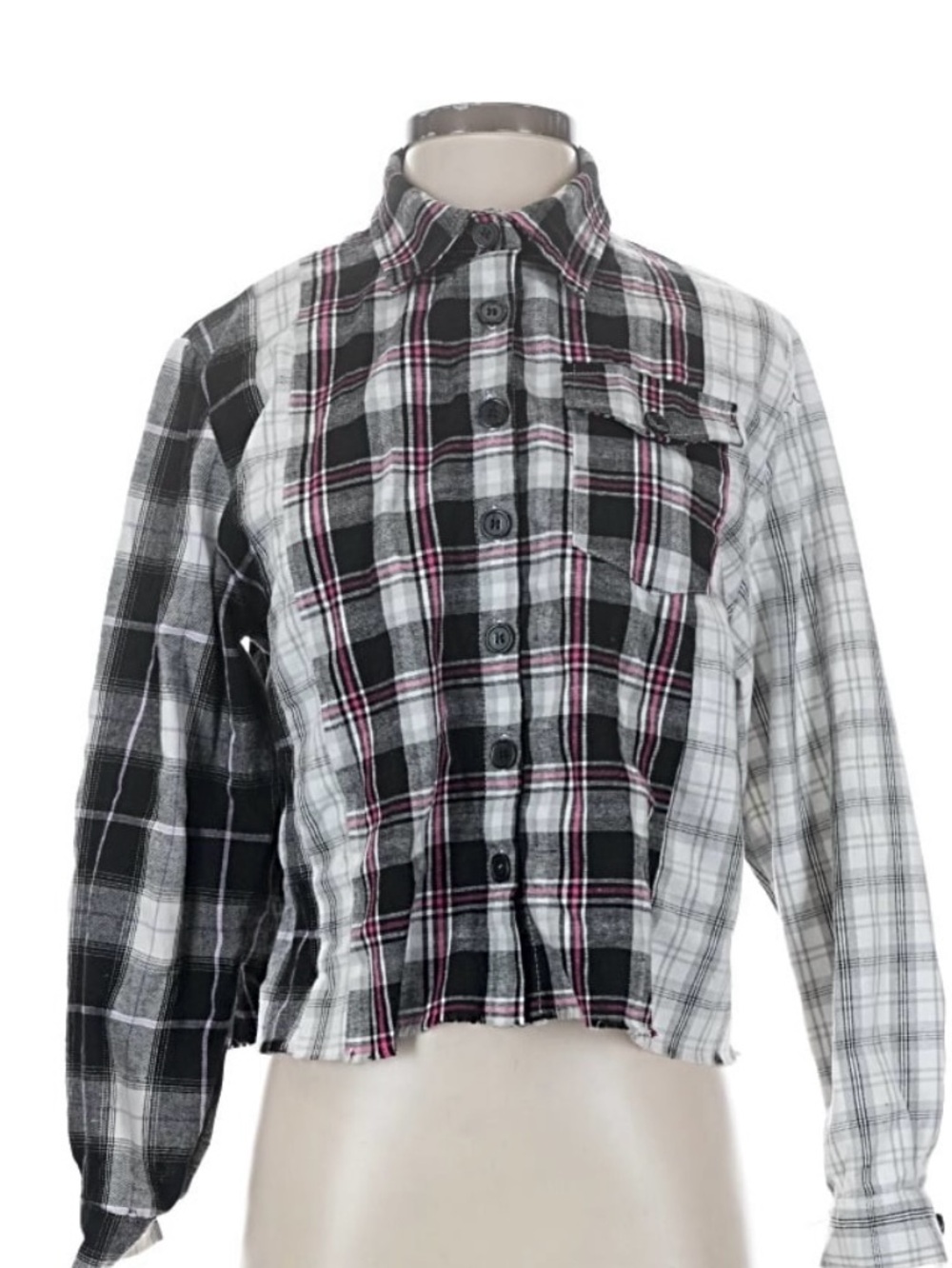 Patchwork Plaid Button-Up Shirt in Black, White & Pink